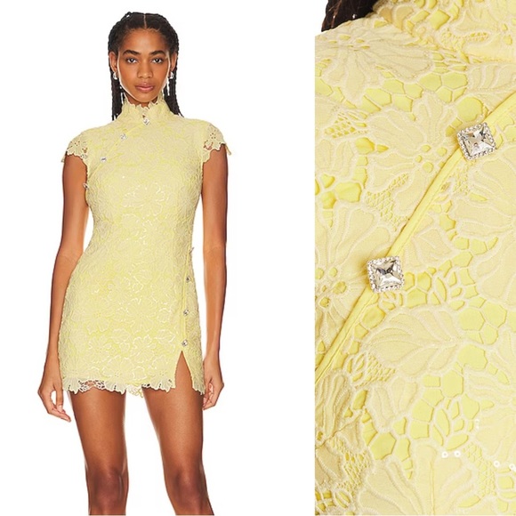 Dresses & Skirts - Sau Lee Rae Lace Overlay Dress with Rhinestone Button in Lemon Yellow